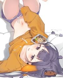 1girl bare_legs chocosong clothes_lifted collarbone female hololive hololive_english looking_at_viewer lying_on_back ninomae_ina'nis petite pointy_ears shorts small solo_female stomach thigh_gap virtual_youtuber vtuber