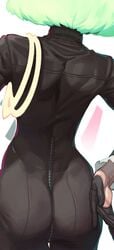 ass ass_focus behind_view bodysuit facing_away femboy girly glo-s-s gloves green_hair leather_suit lio_fotia male pale-skinned_femboy pale-skinned_male pinup promare rope short_hair simple_background skin_tight solo trap twink unseen_male_face zipper