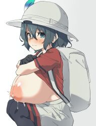 backpack bag black_gloves black_hair black_pants blue_eyes breasts commentary_request female gloves gradient_background grey_background grey_hat grey_shorts hair_between_eyes hat highres huge_breasts kaban_(kemono_friends) kemono_friends lactation looking_at_viewer nipples pants pantyhose red_shirt shirt short_hair shorts solo spy_artservice squatting white_background