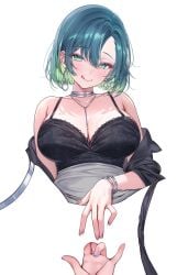 2girls :q bare_shoulders black_jacket black_panties black_shirt border borrowed_character breasts closed_mouth clothes_lift collarbone colored_inner_hair commentary earrings english_commentary female_pov fingering fingernails flower_earrings gift_art green_eyes green_hair grey_skirt hair_between_eyes highres hoop_earrings huge_breasts jacket jewelry long_fingernails looking_at_viewer machi_(machi0910) machi_(machi0910)_(person) mismatched_earrings mole mole_on_breast mole_on_shoulder mole_under_each_eye mole_under_eye multicolored_hair multiple_girls multiple_moles nail_polish necklace negative_space off_shoulder original panties panties_around_one_leg panties_around_thighs pov pov_hands purple_nails rin_(qiandaiyiyu) shirt shirt_tucked_in short_hair simple_background skirt skirt_lift smile solo_focus spread_legs spread_pussy spreading_own_pussy streaked_hair tongue tongue_out underwear white_background white_border yuri