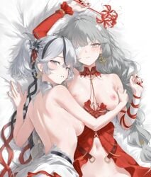2girls arm_up armwear bandage_over_one_eye bandages bare_arms bare_back bare_breasts bare_midriff bare_shoulders bare_stomach bare_tummy bed_sheet breasts camellya_(wuthering_waves) collarbone exposed_back exposed_belly exposed_breasts exposed_stomach female female_only grey_eyes grey_hair hair_ornament hair_ornaments haku89 hugging laying_down looking_at_viewer medium_breasts midriff navel nipples on_bed open_dress ornament ornaments phrolova_(wuthering_waves) red_dress red_nails ripped_clothing short_hair skinny_waist slender_waist slim_waist stomach thin_waist upper_body white_dress white_hair wuthering_waves