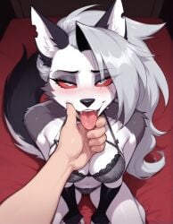 2d ai_generated anthro bed belly_button black_gloves blush bow_panties bra breasts canid canid_demon chin_in_hand cute demon demon_girl ear eyelashes fangs female female_focus fingerless_gloves fur furry furry_breasts furry_ears furry_female furry_tail gloves goth goth_girl gray_fur hand_on_chin hellhound helluva_boss hi_res human/anthro human_hand lingerie long_hair looking_at_viewer loona loona_(helluva_boss) male/female male_hand medium_breasts mori_no_seirei navel open_mouth panties pov red_sclera red_sheets silver_hair spiked_collar stable_diffusion submissive submissive_anthro submissive_female teeth tongue tongue_out tummy two-tone_fur wet_tongue white_body white_pupils wolf wolf_girl