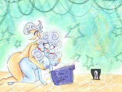 4:3 artist_request blue_body bodily_fluids breast_milking bucket cloud container deltarune deltarune_chapter_3 duo ejaculation elemental_creature elnina_(deltarune) female from_behind_position genital_fluids hi_res humanoid kneeling lactating lanino_(deltarune) male male/female mammal penetration rouxls_kaard sex shocked smile smiling_at_another smiling_at_partner snowysky undertale_(series) vaginal_fluids vaginal_penetration vaginal_squirting yellow_body