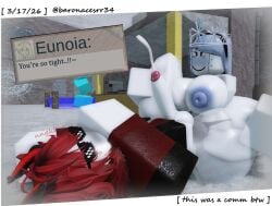 1boy 1girls 3d baronaces blue_nipples commission completely_nude completely_nude_female cum cumshot dated dialogue dominant_female dream_game eunoia female femboy femdom frozen_soul naked naked_female nude nude_female onomatopoeia red_hair roblox roblox_avatar roblox_game roblox_studio robloxian robot robot_girl self_upload steam steaming_body strap-on strapon tagme white_body