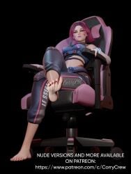 1girls 3d 3d_(artwork) 3d_render alternate_version_available antifragile_dazzle barefoot clothed clothing corrycr d.va feet female female_focus female_only foot foot_fetish hairband highres le_sserafim leggings looking_at_viewer midriff no_shoes overwatch overwatch_2 pink_hair short_hair sitting sitting_on_chair solo solo_female