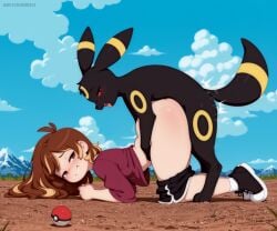 1girls ai_generated blush blush_lines bottomless breedorbred brown_hair clouds comfyui cute female feral feral_on_female hi_res highlights_(coloring) humping looking_back male_umbreon maroon_shirt motion_lines mounted mounting open_mouth outdoors paws pleasure_face pokeball pokemon pokemon_trainer pokephilia red_eyes shirt shoes shorts shorts_down shortstack sky smile stylized thick_ass thick_thighs umbreon watermark