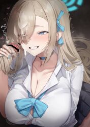 absurdres asuna_(blue_archive) asuna_(school_uniform)_(blue_archive) asymmetrical_bangs bar_censor black_choker blonde_hair blue_archive blue_bow blue_bowtie blue_eyes blue_halo blue_nails blue_ribbon bow bowtie breasts button_gap censored choker collarbone commentary_request cum cum_on_body cum_on_hair eyes_visible_through_hair facial female hair_on_penis hair_over_one_eye hair_ribbon hair_spread_out hairjob halo handjob heart highres huge_breasts long_hair looking_at_another loose_bowtie oiru_(613) penis pleated_skirt ribbon school_uniform shirt skirt sleeves_rolled_up smile very_long_hair white_shirt