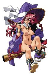 adjusting_clothes adjusting_headwear ankle_boots artist_request black_boots boots bow bracer breasts broom broom_riding charm_(object) closed_mouth daikenja_magiko detached_sleeves female gold_trim hand_on_own_hat hat hat_bow large_breasts light_smile long_hair looking_at_viewer magiko_magika midriff multicolored_boots navel non-web_source nude_filter pink_hair purple_boots purple_hat red_eyes shinrabanshou solo source_request third-party_edit transparent_background white_boots white_bow witch witch_hat