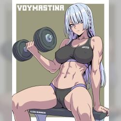 1girls abs ak-15_(girls'_frontline) artist_name breasts buronjin cameltoe character_name closed_mouth dumbbell emotionless expressionless feet_out_of_frame female female_only girls'_frontline girls'_frontline_2:_exilium grey_hair lifting_weights long_hair looking_at_viewer medium_breasts muscular muscular_female navel nipples nipples_visible_through_clothing panties pinup purple_eyes sitting sports_bra text tight_clothing voymastina_(girls'_frontline_2)