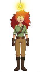 1girls ai_generated belt boots brown_pants collared_shirt female female_focus female_only femsub fingerless_gloves gloves glowing glowing_eyes glowing_object glowing_yellow_eyes green_shirt hypnosis hypnotized_female looking_at_object looking_up mind_control nomad_of_nowhere pants pendant pendulum red_hair rooster_teeth shirt simple_background skout solo solo_female solo_focus standing strap white_background yellow_eyes zupern0va_(manipper)
