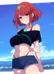 2d beach breasts core_crystal guilegaze light_skin looking_at_viewer navel nintendo pyra pyra_(xenoblade) red_eyes red_hair xenoblade_(series) xenoblade_chronicles_2