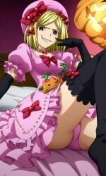 07th_expansion ai_generated big_breasts blonde_female blonde_hair blush breasts evil_smile female lambdadelta light-skinned_female light_skin lolita_fashion long_hair low-angle_view necklace panties pink_beret pink_dress red_bows sexy smug socks striped_legwear thick_thighs thighs umineko_no_naku_koro_ni
