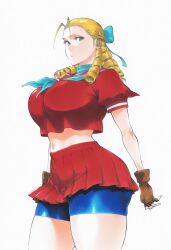 1girls ai ai-created ai_art ai_assisted ai_generated antenna_hair aqua_bow asian asian_female big_ass big_breasts big_hips big_thighs bike_shorts_under_skirt blonde_hair blue_neckerchief brown_eyes brown_gloves capcom fingerless_gloves hair_bow hair_pulled_back japanese japanese_female karin_kanzuki midriff pleated_skirt puffy red_sailor_collar red_shirt red_skirt ringlets short_sleeves solo solo_focus street_fighter street_fighter_alpha street_fighter_v thick_thighs wide_hips