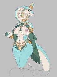 anthro armwear breasts bridal_gauntlets clothing ear_piercing ear_ring female grey_background hand_on_breast hi_res jewelry neck_ring nipple_piercing nipple_ring nipples non-mammal_breasts piercing reptile scalie serpentine-drifter simple_background snake snake_hood solo