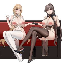 alternate_costume azur_lane black_gloves black_thighhighs breasts china_dress chinese_clothes commentary_request couch cum cum_in_pussy cum_on_body cum_on_breasts cup dress gloves high_heels highres holding holding_cup holding_hands implied_hetero jean_bart_(azur_lane) large_breasts looking_at_viewer richelieu_(azur_lane) siblings sisters sitting teacup thighhighs white_background white_thighhighs wsfw