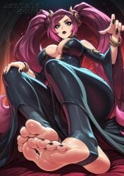 1girls ai_generated artifactglitch big_breasts black_nails black_toenails blue_eyes bracelet cleavage dress feet feet_fetish feet_focus fetish foot_fetish hair_ornament hand_on_knee league_of_legends lipstick looking_at_viewer low_angle_view makeup nipples nipples_visible_through_clothing pentakill_iii:_lost_chapter pentakill_iii:_lost_chapter_sona purple_hair riot_games shoulders soles soles_female sona_buvelle stirrup_legwear tagme thick_ass thick_thighs twintails watermark