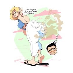 android_18 belt bent_over big_feet blonde_hair blue_eyes bracelet bubble_butt butt_crack_outline crop_top detonassion dragon_ball ear_piercing earrings fart fart_cloud farting feet fully_clothed krillin looking_back narrow_eyes pants sandals shameless smile smug standing