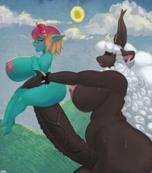 adelia_(changbae) animated anthro ass belly big_breasts big_butt big_penis blue_body bracelet breasts brown_body duo elf female fluffy generation_8_pokemon genitals gynomorph hi_res horn intersex intersex/female jewelry nintendo nipples open_mouth penis pokemon pokemon_(species) sex smile smiley_face spiked_bracelet spikes styhi vein veiny_penis wooloo