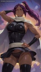 ai_generated arm_up armpits ass_visible_through_thighs bangs black_panties black_skirt black_thighhighs bleach bleach:_the_thousand-year_blood_war breasts cape cloud covered_navel covered_nipples dandanhub dark-skinned_female dark_skin female female_only hand_on_hip large_breasts long_hair looking_at_viewer panties parted_bangs parted_lips ponytail purple_hair shihouin_yoruichi shiny sideboob skindentation skirt sky sleeveless solo standing sweat thighhighs thighs underwear white_cape wind wind_lift yellow_eyes