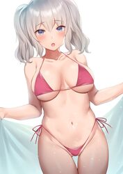 bikini blue_eyes breasts cowboy_shot eyebrows_visible_through_hair female female_only kantai_collection kashima_(kantai_collection) open_mouth personification red_bikini side-tie_bikini silver_hair solo_female thigh_gap underboob usa_b