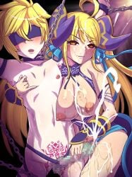 ahoge arms_up bare_breasts blindfold blonde_hair blush bondage breasts canon_possession censored chains corrupted corruption cum cygames dragalia_lost ejaculation empress euden evil_smile hair_ornament hair_ribbon handjob horns large_breasts large_penis looking_at_viewer morsayati nintendo nipple_play nipples penis possessed possession pubic_tattoo red_eyes restrained short_hair straight tattoo technical_incest thighs tsujizen very_long_hair zethia_(dragalia_lost)