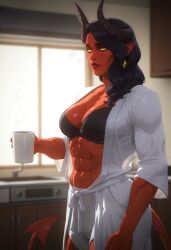 1girls ass big_ass big_breasts boquet coffee coffee_cup coffee_mug demon demon_girl demon_horns demon_tail dispatch_(game) female female_only looking_at_viewer looking_back malevola_gibb red_body reference_image thick_thighs tight_clothing tight_fit