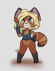 2019 4_toes 5_fingers ailurid anthro black_fur blonde_hair blue_eyes bottomless breasts chibi cleavage female feretta feretta_(character) fingers fur furry gesture mammal middle_finger orange_fur pussy red_panda shirt simple_background solo tan_fur tank_top toes topwear white_fur