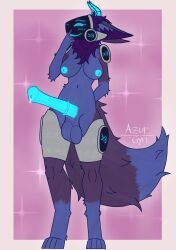 >:3 animal_genitalia animal_penis anthro azurgyn balls bodily_fluids breasts curvy_figure digital_drawing_(artwork) digital_media_(artwork) digitigrade ears_down equine_genitalia equine_penis erection finger_on_face fluffy fluffy_tail fur genital_fluids genitals glowing glowing_genitalia glowing_horn glowing_nipples glowing_penis gynomorph hand_behind_back hand_on_face hi_res horn intersex machine nipples penis pivoted_ears precum protogen protogen_armor protogen_visor purple_body purple_fur signature simple_background solo tail