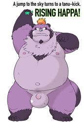 2019 anthro balls belly big_balls canid canine cute_fangs english_text flaccid fur male male_only mammal moobs navel nipples overweight overweight_male penis purple_fur raccoon_dog simple_background solo tanuki text wantaro white_background