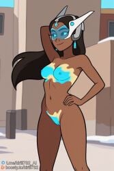 1girls ai_generated arm_behind_head arm_up black_hair blue-tinted_eyewear bodypaint boosty_username breasts closed_mouth completely_nude dark-skinned_female dark_nipples dark_skin day earrings exhibitionism female forehead_jewel hand_on_own_hip headgear jewelry kirill782 long_hair medium_breasts navel nipples nude outdoors overwatch painted_clothes public_indecency pussy smile solo stable_diffusion standing symmetra telegram_username watermark