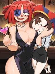 2girls black_dress brown_hair button_eye doll_girl drinking drunk fully_clothed_female glitch_productions gooseworx huge_breasts jester jester_hat pomni pomni_(tadc) pomni_(the_amazing_digital_circus) ragatha ragatha_(pub_outfit) ragatha_(tadc) ragatha_(the_amazing_digital_circus) ragdoll red_hair sleakj3 tagme the_amazing_digital_circus untitled_(tadc) yuri