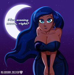 1girls alcasar-reich big_breasts blue_eyes blue_hair breasts cleavage dark-skinned_female dark_skin dialogue earrings english_text eyeshadow female friendship_is_magic humanized large_breasts leaning_forward long_hair looking_at_viewer mascara midriff my_little_pony night open_mouth pants princess_luna_(mlp) shiny_clothes