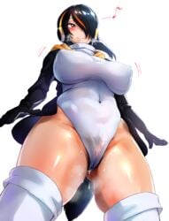 black_hair blush breasts breath brown_eyes covered_navel emperor_penguin_(kemono_friends) erect_nipples erect_nipples_under_clothes female female_pubic_hair groin hair_over_one_eye hamige headphones hero_neisan high_resolution highleg highleg_leotard hooded_jacket huge_breasts jacket kemono_friends large_filesize leotard long_hair looking_away musical_note nipples penguin_tail pubic_hair see-through simple_background smile solo steam streaked_hair sweat very_high_resolution viewed_from_below white_background white_legwear white_leotard