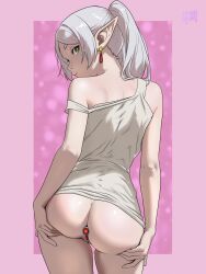 1girls anal_insertion anal_object_insertion ass ass_focus back back_view bottomless buttplug camisole closed_mouth clothing elf elf_ears expressionless feet_out_of_frame female female_only frieren green_eyes long_hair looking_at_viewer looking_back pussy red_buttplug sex_toy sousou_no_frieren spread_ass spreading spreading_ass twintails uncensored undrsydr white_hair