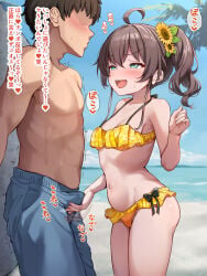 1boy 1girl bulge commentary_request grabbing_another's_penis hetero highres hololive m_hakase male_swimwear natsuiro_matsuri sex stomach swim_trunks swimsuit virtual_youtuber
