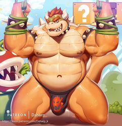 2019 ?_block abs anthro biceps bodily_fluids bowser bracelet bulge clothed clothing collar dsharp_k duo flora_fauna gay hair horn jewelry kneeling koopa looking_at_viewer male male_only mario_(series) musclegut muscular muscular_male nintendo nipples pecs piranha_plant plant red_hair scalie shell solo_focus spiked_armband spiked_bracelet spiked_shell spikes super_mario_bros. sweat topless underwear video_games