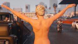 3d 3d_(artwork) 3dcg absurd_res arms_out back_view back_view_female bare_back bare_shoulders blonde-haired_female female_focus grand_theft_auto grand_theft_auto_v highres mattiejas nameless_character rockstar_editor short-haired_female sideboob small_breasts standing topless topless_female unbothered unnamed_character
