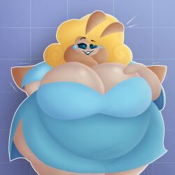 blonde_hair blue_dress blue_eyes blue_lips chubby chubby_female earrings female female_only large_belly large_breasts large_thighs montana_(squiddy62) moth squiddy62 sussydawsy