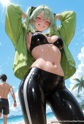 1boy ai_generated arms_behind_head arms_up bangs beach bikini black_bikini blue_sky blush breasts cowboy_shot cyberpunk:_edgerunners day female from_below green_hair green_jacket grin jacket kermixx latex long_sleeves looking_at_viewer male_swimwear medium_breasts navel open_clothes open_jacket outdoors pants pink_eyes rebecca_(edgerunners) shiny shiny_clothes sky smile solo_focus stomach swim_trunks swimsuit twintails wet