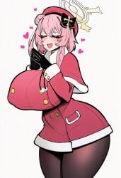 ai_generated big_breasts blue_archive breasts breasts_bigger_than_head christmas christmas_outfit closed_eyes eyelashes gloved_hands gloves halo hat heart huge_breasts large_breasts mayuai pantyhose pink_hair ribbon serina_(blue_archive) serina_(christmas)_(blue_archive) white_background