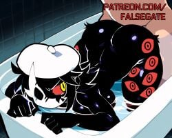 1boy 1girls absurd_res ai_generated ambiguous_penetration annoyed anthro ass bath bathtub beret black_eyes black_fur black_hair black_skin broken_mask colored_sclera colored_skin covered_eye duo extra_eyes eyes_on_body eyes_on_legs falsegate folly_(regretevator) fur hat highres human human_male humanoid in_bathtub in_water intercourse large_ass large_breasts light_skinned_male looking_back mask medium_hair monster monster_girl non-human nude nude_female one_eye_covered paid_reward_available patreon patreon_username red_sclera regretevator roblox self_upload sex sex_in_bath sex_in_water stable_diffusion straight thick_thighs thighs uncensored water white_beret white_hat white_mask yellow_eyes