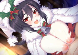 1boy bangs bell black_hair blush bow breast_squeeze breasts cape censored cleavage female fur-trimmed_cape fur_trim gloves hair_between_eyes hat horosuke_(toot08) ilya_(princess_connect!) ilya_ornstein large_breasts long_hair looking_at_viewer mosaic_censoring nipples oerba_yun_fang open_mouth paizuri penis princess_connect! princess_connect!_re:dive red_eyes red_gloves santa_hat sidelocks slit_pupils smile solo_focus straight sweat white_cape white_headwear