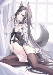 absurdres animal_collar animal_ears babydoll black_babydoll black_hair blue_eyes censored chains clitoris_piercing collar commentary_request dog_ears dog_girl dog_tail expressionless female flat_chest flower garter_belt garter_straps heterochromia highres indoors lingerie long_hair looking_at_viewer nipple_piercing original piercing pregnant prosthesis prosthetic_arm pussy pussy_piercing rose science_fiction scribble_censor shirousagi_(sirousagi1998) solo tail thighhighs underwear variant_set very_long_hair yellow_eyes