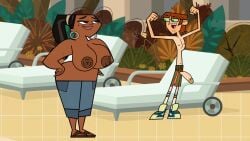 1boy 1girls accurate_art_style big_penis black_hair couple dark-skinned_female earrings edit edited flexing ginger_hair ginger_male ginger_pubic_hair glasses half-erect hands_on_hips harold_(tdi) huge_breasts leshawna_(tdi) light-skinned_male nipples nut-master ponytail pubic_hair screenshot_edit smile tanline topless total_drama_(series) total_drama_island
