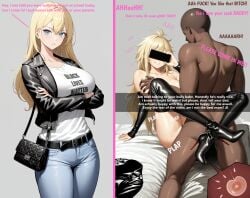 1boy age_difference ai_assisted ai_generated back_view bed belt black_lives_matter black_male blacked blonde_hair blue_eyes boots bully bullying cheating cheating_female cheating_wife covered_eyes crossed_legs cuck cuckold dark-skinned_male dark_skin egg english_text female grabbing grabbing_breasts handbag happy heel_boots heels impregnation impregnation_request impregnation_risk interracial kneeling large_breasts laying_down leather leather_jacket light-skinned_female light_skin love_making lovers messy_hair milf mommy mommy_kink mother motherly_cuckold naked nordenfuta older_female older_female_and_younger_male over_the_knee_boots partially_clothed phone plap raceplay recording sex shirt smirk smirking_at_viewer snapchat sperm sweat sweatdrop taking_picture text unseen_male_face wife wifes_mother