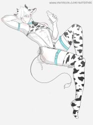 saterise patreon jujutsu_kaisen satoru_gojo cow_print cow_ears cow_horns cow_tail cowbell lingerie cow_print_bikini cow_print_thighhighs thigh_strap arm_strap collar milk hucow human_cattle 1boy male male_only malesub glaring thighhighs abs six_pack blushing angry_expression holding_object