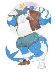 3:4 anthro aquatic belt big_treeeee biped blue_body bottomwear bracelet brown_clothing brown_footwear brown_jacket brown_shoes brown_topwear chinese_text clothing denim denim_bottomwear denim_clothing denim_shorts fin fish flexing flexing_bicep flexing_both_biceps footwear hi_res jacket jeans jewelry male multicolored_body muscular muscular_anthro muscular_male one_shoe_on open_mouth pants shark shirt shoes shorts signature simple_background slightly_chubby slightly_chubby_anthro slightly_chubby_male socks solo standing tail tank_top teeth text tongue tongue_out topwear torn_bottomwear torn_clothing torn_jeans torn_pants two_tone_body white_body white_clothing white_shirt white_tank_top white_topwear