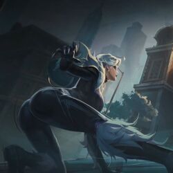 1girls arching_back ass_focus bent_over black_cat_(marvel) black_cat_(marvel_rivals) black_lipstick choker city_background earrings fat_ass felicia_hardy fit_female fur_clothing large_breasts marvel marvel_comics marvel_rivals official_art official_artwork official_style screencap showing_off_ass silver_hair spider-man_(series) tight_bodysuit toned_body wide_hips