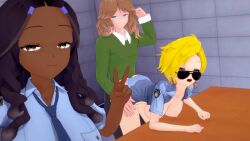 original_character original_characters police_uniform police_hat cop interrogation_room selfie bend_over_table fucked_from_behind implied_penetration police_officer black_girl black_hair long_hair brown_eyes grey_eyes blue_eyes blonde_hair short_hair_female long_hair_male long_hair_female ebony ebony_female white_girl threesome selfie_pose smiling_at_camera moaning moaning_in_pleasure koikatsu 3d edit edited eyes_rolling_back light_brown_hair