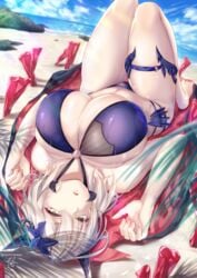 1girls artoria_pendragon artoria_pendragon_(lancer_alter) beach bikini blonde_hair breasts cleavage fate/grand_order fate_(series) female gigantic_breasts highres hirasawa_seiji huge_breasts knees_up lying o-ring solo thighs